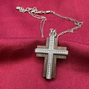 Brighton Agape Wood Cross Reversible Pendant Crystals w/Double Chain